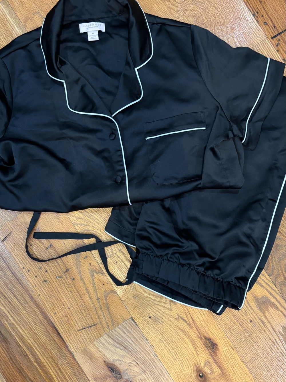 Cabernet Black Satin Pajama Set with White Piping - Picture 2 of 3